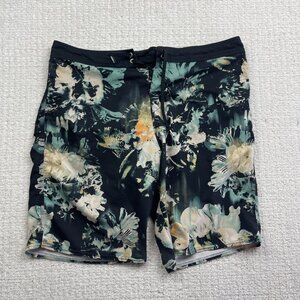 Y2K Oneill Board Shorts Mens 34 Blue / Black Floral Swim Trunks Beach Surfing